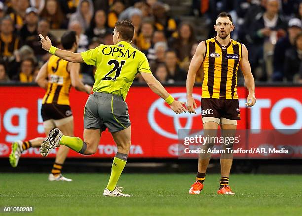 Luke Hodge of the Hawks gives away a 50m penalty during the 2016 AFL Second Qualifying Final match between the Geelong Cats and the Hawthorn Hawks at...