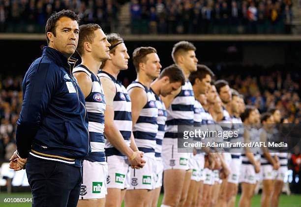 Chris Scott, Senior Coach of the Cats looks on during the 2016 AFL Second Qualifying Final match between the Geelong Cats and the Hawthorn Hawks at...