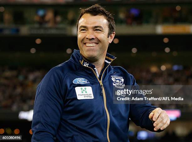 Chris Scott, Senior Coach of the Cats looks on during the 2016 AFL Second Qualifying Final match between the Geelong Cats and the Hawthorn Hawks at...