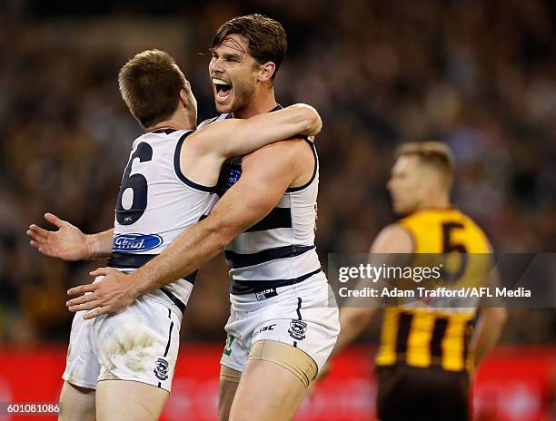 Lincoln McCarthy of the Cats celebrates a goal with Tom Hawkins of the Cats during the 2016 AFL Second Qualifying Final match between the Geelong...