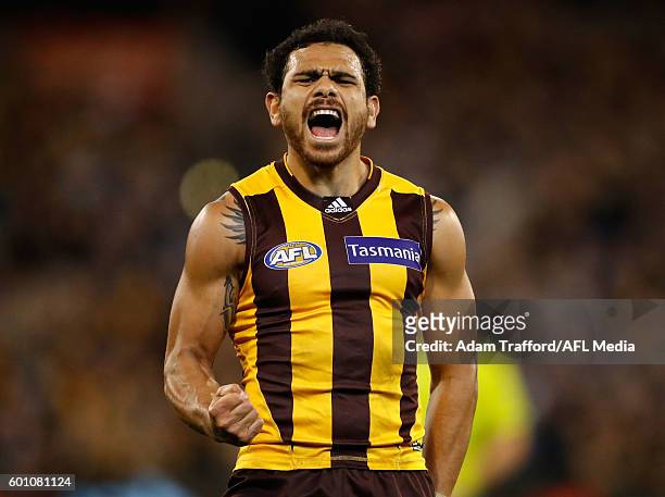 Cyril Rioli of the Hawks celebrates a goal during the 2016 AFL Second Qualifying Final match between the Geelong Cats and the Hawthorn Hawks at the...