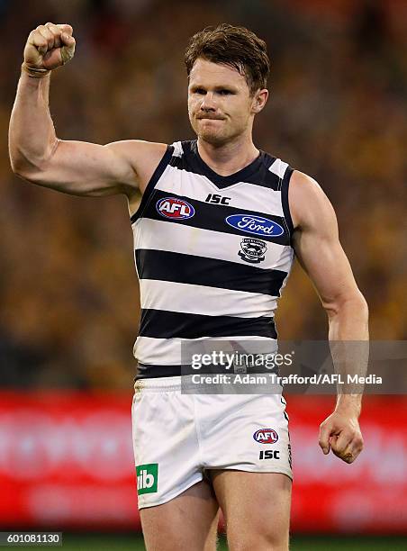 Patrick Dangerfield of the Cats celebrates during the 2016 AFL Second Qualifying Final match between the Geelong Cats and the Hawthorn Hawks at the...