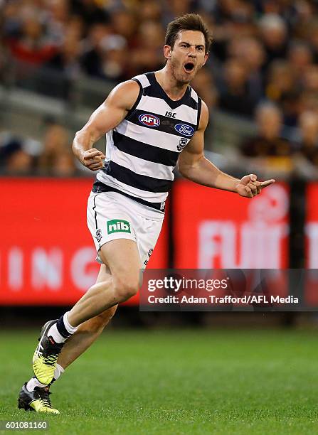 Daniel Menzel of the Cats celebrates a goal during the 2016 AFL Second Qualifying Final match between the Geelong Cats and the Hawthorn Hawks at the...