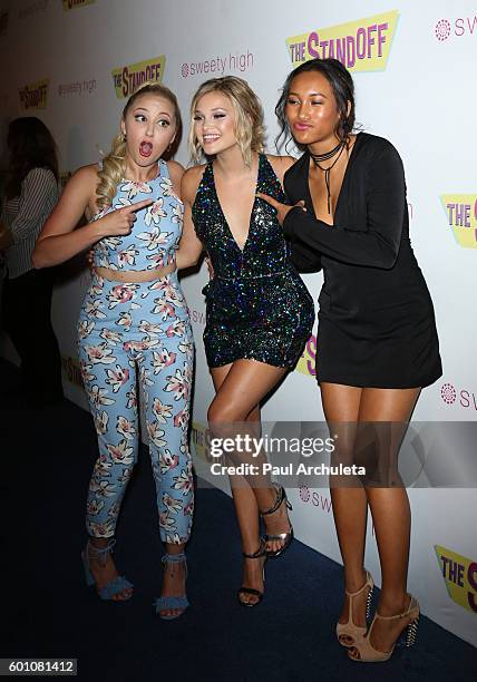 Actors Audrey Whitby, Olivia Holt and Sydney Park attend the premiere of "The Standoff" at Regal LA Live: A Barco Innovation Center on September 8,...