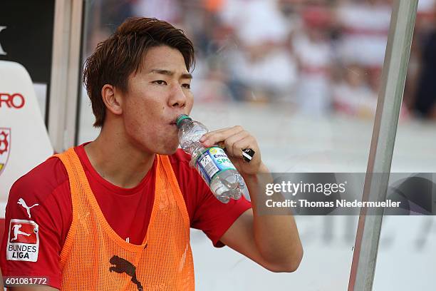 Takuma Asano of Stuttgart is seen prior to the Second Bundesliga match between VfB Stuttgart and 1. FC Heidenheim 1846 at Mercedes-Benz Arena on...