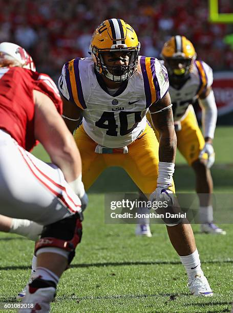 Duke Riley of the LSU Tigers awaits the snap against the Wisconsin Badgers at Lambeau Field on September 3, 2016 in Green Bay, Wisconsin.