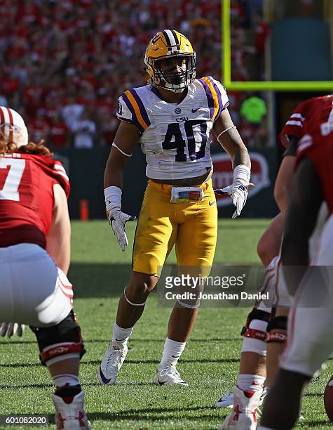 Duke Riley of the LSU Tigers awaits the snap against the Wisconsin Badgers at Lambeau Field on September 3, 2016 in Green Bay, Wisconsin.