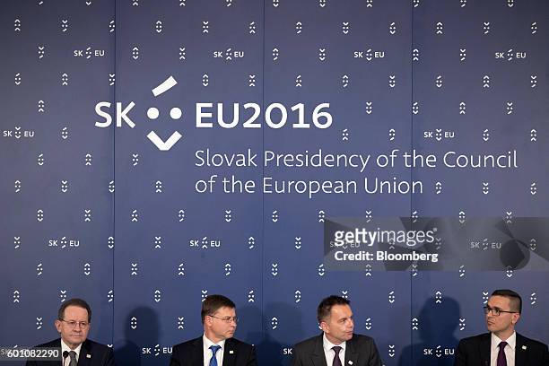 Vitor Constancio, vice president of the European Central Bank , from left, Valdis Dombrovskis, vice president of the European Commission, Peter...