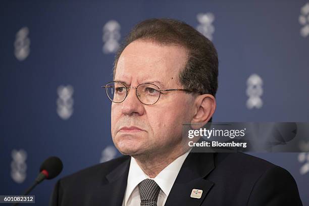 Vitor Constancio, vice president of the European Central Bank , listens during a press conference following a meeting of European finance ministers...