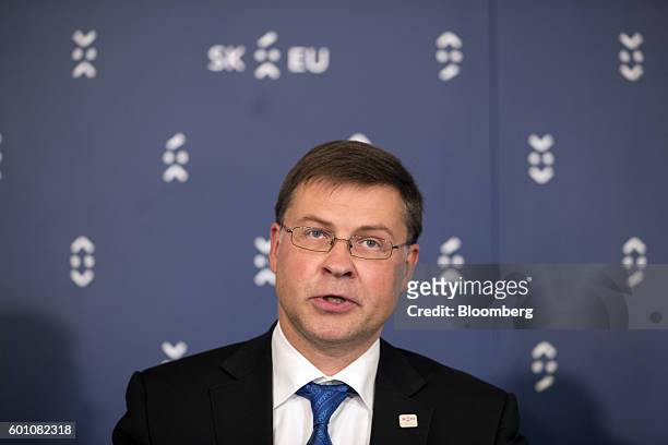 Valdis Dombrovskis, vice president of the European Commission, speaks during a press conference following a meeting of European finance ministers in...