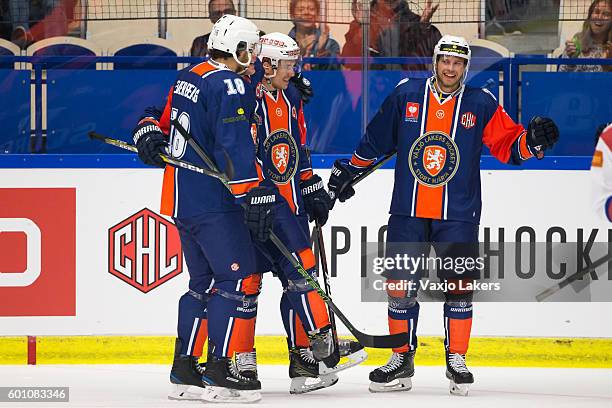 Vaxjo Lakes celebrate their goal during the Champions Hockey League match between Vaxjo Lakers and Yunost Minsk at Vida Arena on September 9, 2016 in...