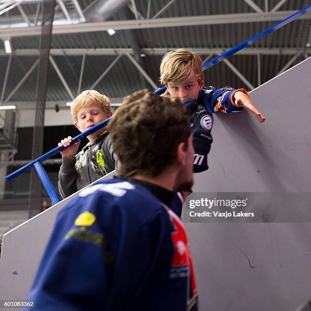 Young fans of Vaxjo Lakers before the Champions Hockey League match between Vaxjo Lakers and Yunost Minsk at Vida Arena on September 9, 2016 in...