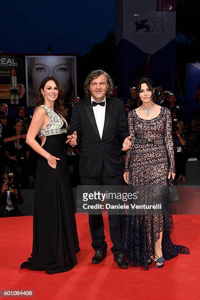 Sloboda Micalovic, Emir Kusturica and Monica Bellucci attend the premiere of 'On The Milky Road' during the 73rd Venice Film Festival at Sala Grande...