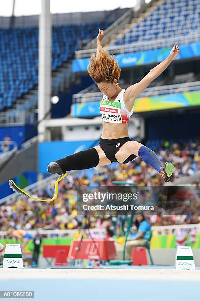 Maya Nakanishi of Japan competes in the Women's Long Jump - T44 final during the Rio 2016 Paralympic Games at Olymic stadium on September 9, 2016 in...