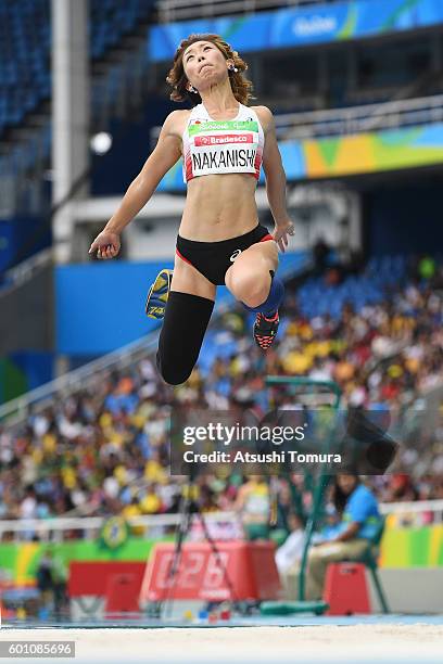 Maya Nakanishi of Japan competes in the Women's Long Jump - T44 final during the Rio 2016 Paralympic Games at Olymic stadium on September 9, 2016 in...