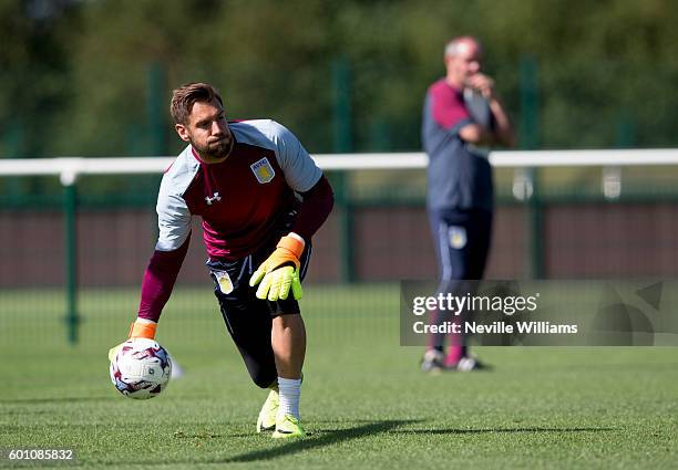 Mark Bunn of Aston Villa in action during a training session at the club's training ground at Bodymoor Heath on 09 September, 2016 in Birmingham,...