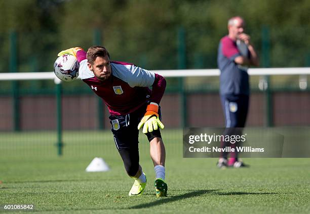 Mark Bunn of Aston Villa in action during a training session at the club's training ground at Bodymoor Heath on 09 September, 2016 in Birmingham,...