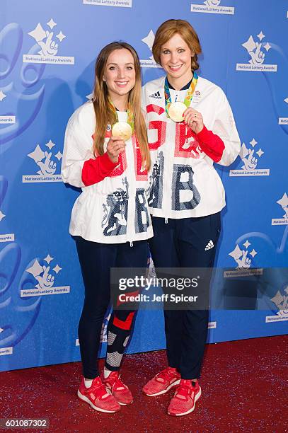 Elinor Barker and Joanna Rowsell Shand arrive for the National Lottery Awards 2016 at The London Studios on September 9, 2016 in London, England.