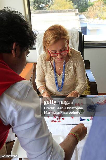 Lucia Silvestri, creative director at Bulgari is photographed evaluating gems for Le Figaro on February 15, 2016 in Jaipur, India. CREDIT MUST READ:...