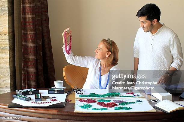 Lucia Silvestri, creative director at Bulgari is photographed evaluating Bulgari jewelry with Monsieur R. For Le Figaro on February 15, 2016 in...