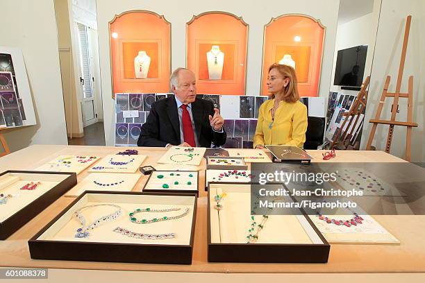 Lucia Silvestri, creative director at Bulgari and Nicola Bulgari, founder of the luxury brand Bulgari are photographed with Bulgari's new jewelry...