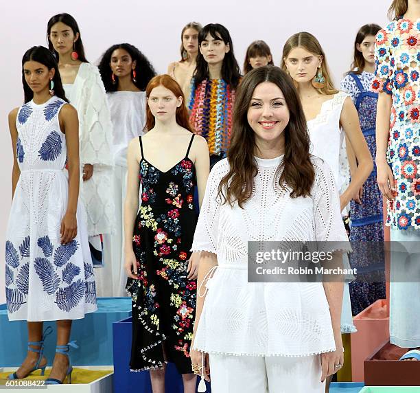 Designer Tanya Taylor poses with models at Tanya Taylor Presentation September 2016 during New York Fashion Week at Spring Studios on September 9,...