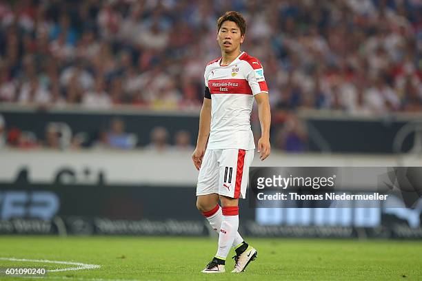 Takuma Asano of Stuttgart looks on during the Second Bundesliga match between VfB Stuttgart and 1. FC Heidenheim 1846 at Mercedes-Benz Arena on...