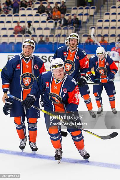 Tuomas Kiiskinen of Vaxjo Lakers and Vaxjo Lakers celebrates their victory during the Champions Hockey League match between Vaxjo Lakers and Yunost...