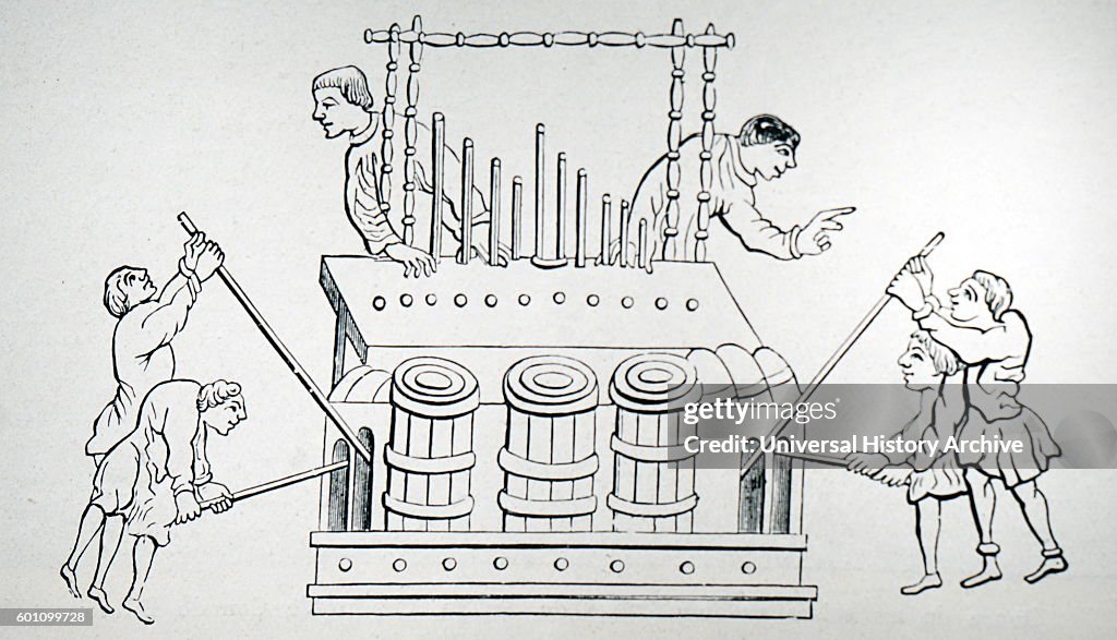 Line drawing depicting an organ with organists.