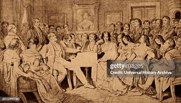 Print depicting Franz Schubert an Austrian composer, playing the piano at a gathering at the home of Joseph von Spaun an Austrian nobleman. Dated...