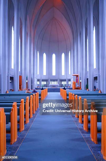 Interior of the Hallgrimskirkja, a Lutheran parish church in Reykjavik, Iceland. Dated 21st Century.