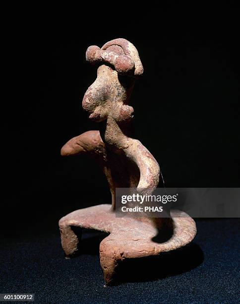 Pre-colombian art. Mesoamerica. Western Mexico coast. Nayarit culture. 200 BC-500 AD. Figurine. Terracotta. 13 x 18 cm. Private collection.