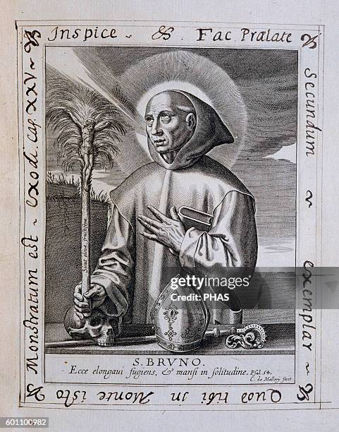 Saint Bruno of Cologne . Founder of the Carthusian Order. Engraving, 17th-18th centuries.