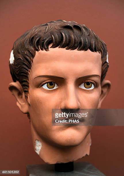 Caligua . . 3rd roman emperor. Julio-Claudian dynasty. Portrait head for Caligula. Modern reconstruction. Ny Carlsberg Glyptotek. Copenhagen, Denmark.
