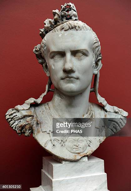 Caligua . . 3rd roman emperor. Julio-Claudian dynasty. Bust of emperor with armor. Rome, 37-41 AD. Marble. Ny Carlsberg Glyptotek. Copenhagen,...