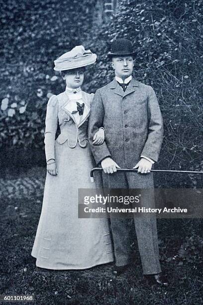 Wilhelmina of the Netherlands with Prince Henry, Duke of Mecklenburg-Schwerin on their wedding day. Dated 20th Century.