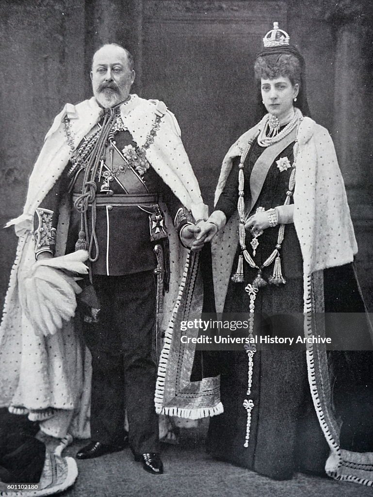 Edward VII and Queen Alexandra of Denmark wearing the robes in which they would open Parliament.