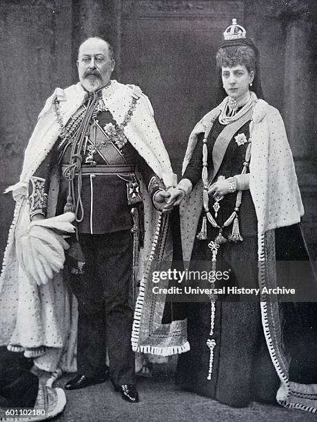 Photograph of King Edward VII and Queen Alexandra of Denmark wearing the robes in which they would open parliament. Dated 19th Century.