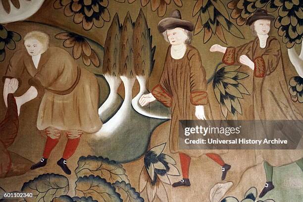 Hand painted Elizabethan wall hanging or covering at Blakesley Hall is a Tudor hall on Blakesley Road, Yardley, Birmingham, England. It dates to 1590