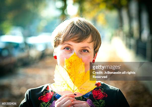 polish woman in the autumn - jc bonassin stock-fotos und bilder