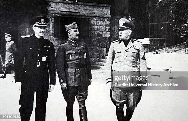 Photograph of Ramon Serrano SuÌ±er , General Francisco Franco and Benito Mussolini meeting in Bordighera, Italy. Dated 20th Century