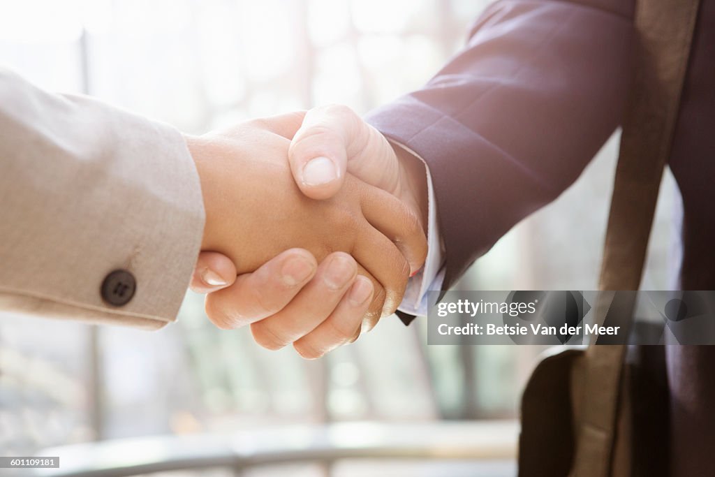 Businessman shakes hand of businesswoman, close up