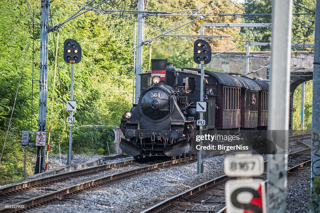 Veteran train with old steam engine locomotive, Copenhagen, Denmark