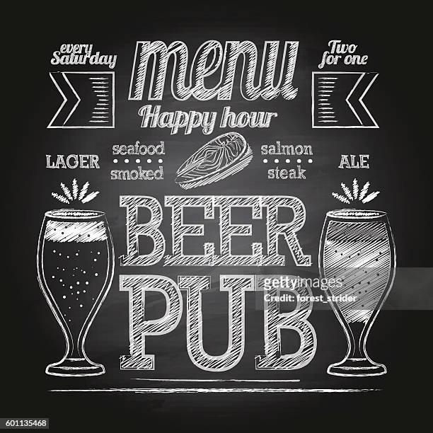 ilustrações de stock, clip art, desenhos animados e ícones de chalk beer glass on blackboard - happy hour