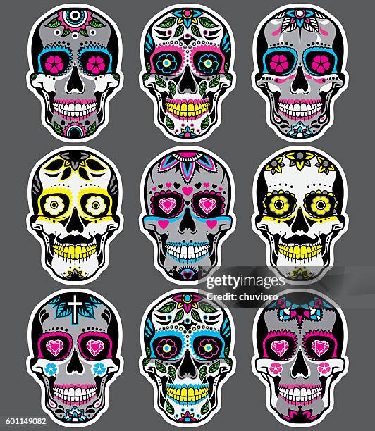 stockillustraties, clipart, cartoons en iconen met sugar skulls day of the dead vector set - mexicaanse etniciteit