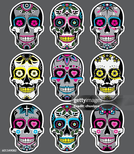 ilustrações, clipart, desenhos animados e ícones de sugar skulls day of the dead vector set - mexican ethnicity