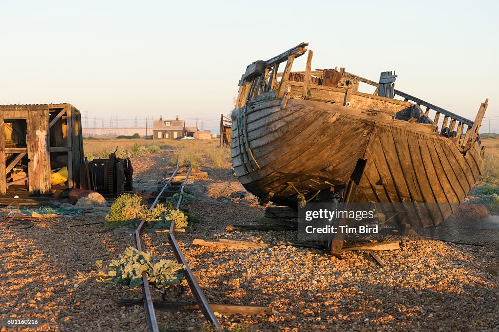 Abandoned boat and shed in Dungeness UK