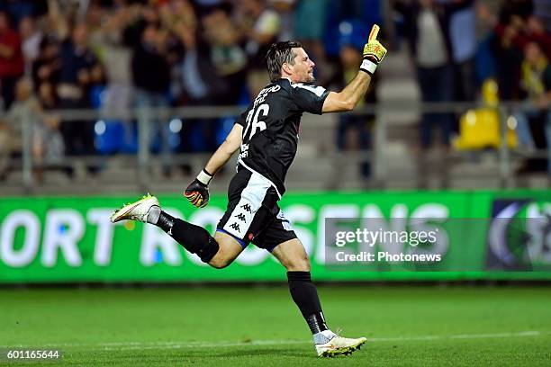 Laszlo Koteles goalkeeper of Beveren celebrates during the Jupiler Pro League match between Waasland-Beveren and Club Brugge at the Freethiel stadium...