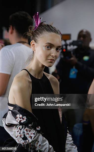 Models prepare backstage during the Milly Fashion Show during September 2016 New York Fashion Week at ArtBeam on September 9, 2016 in New York City.