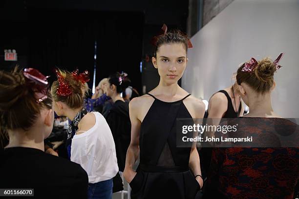 Models prepare backstage during the Milly Fashion Show during September 2016 New York Fashion Week at ArtBeam on September 9, 2016 in New York City.